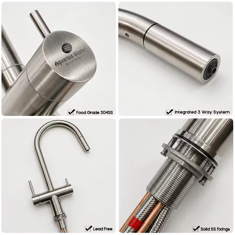 Aquarius Water 3-way mixer tap with nickel finish, umbrella style, 360° rotation, and pull-out spout for versatile kitchen use.