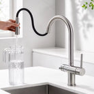 Aquarius Water 3-way mixer tap with nickel finish, umbrella style, 360° rotation, and pull-out spout for versatile kitchen use.
