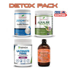 Alkaline World Detox Pack with natural ingredients, featuring detox products in colorful packaging.