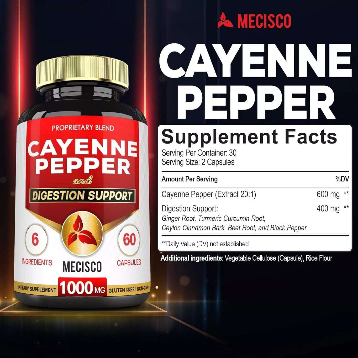 Mecisco Cayenne Pepper and Digestion Support 1000mg 60c - Alkaline World