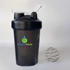 Black Alkaline World shaker bottle with 400ml capacity, suitable for sports and fitness hydration.