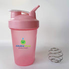 Pink Alkaline World shaker bottle, 400ml capacity with a secure lid, ideal for protein shakes and smoothies.
