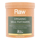 Amazonia RawRaw Organic Multivitamin with pineapple flavor in 100g package, showing the colorful vitamin supplement.
