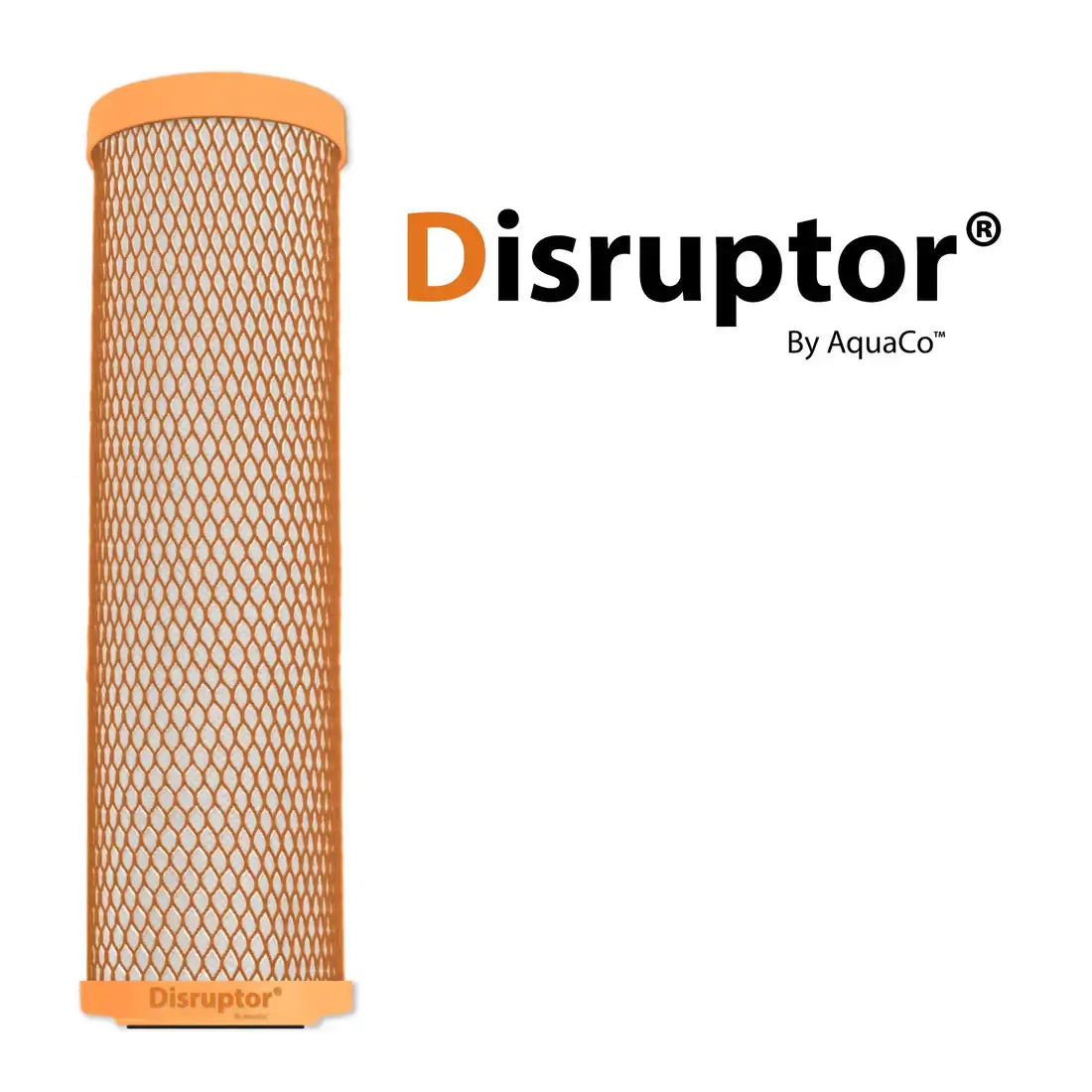 Disruptor replacement filter 10" x 2.5" by AquaCo, featuring a mesh design for advanced contaminant reduction.