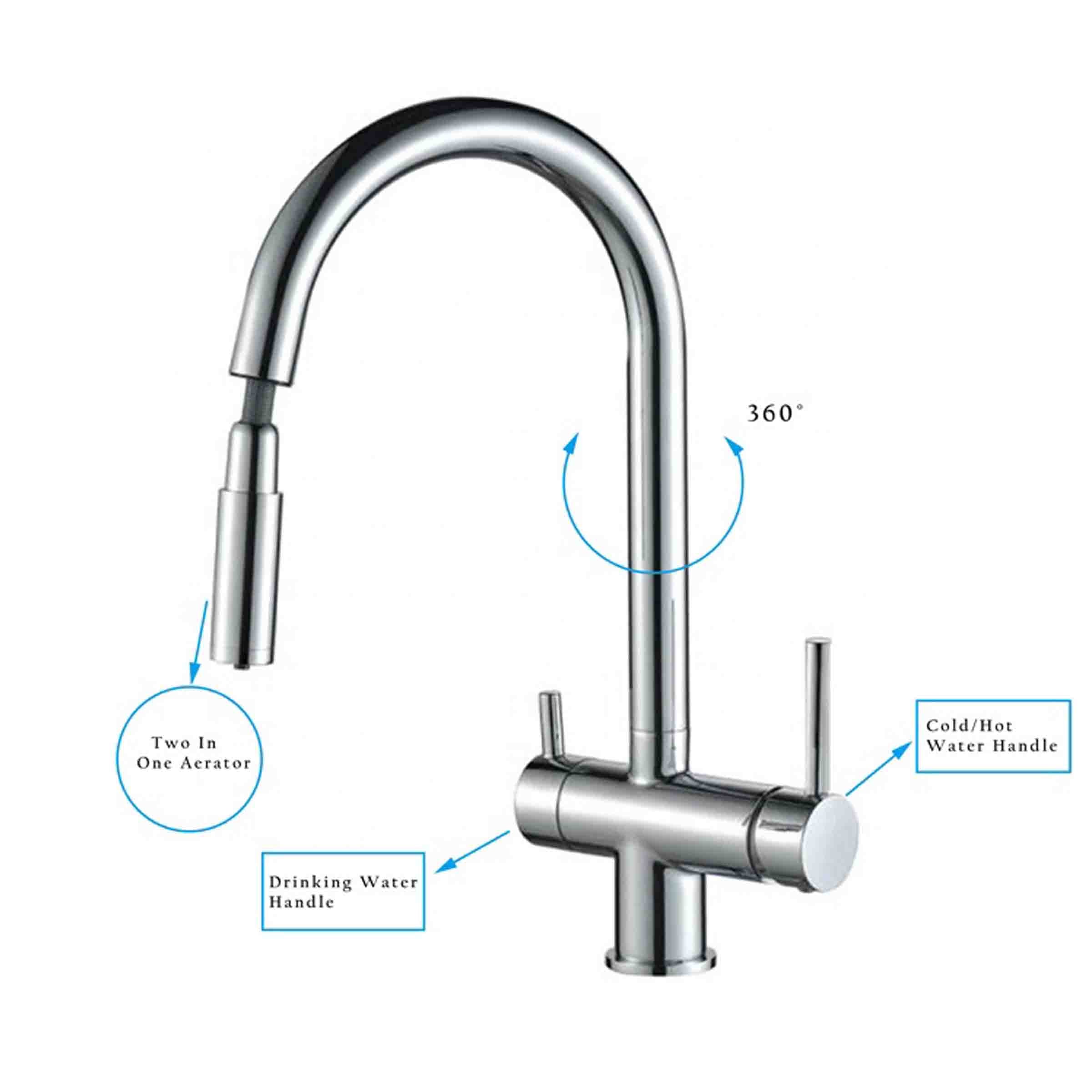 Aquarius Water 3-way mixer tap with nickel finish, umbrella style, 360° rotation, and pull-out spout for versatile kitchen use.