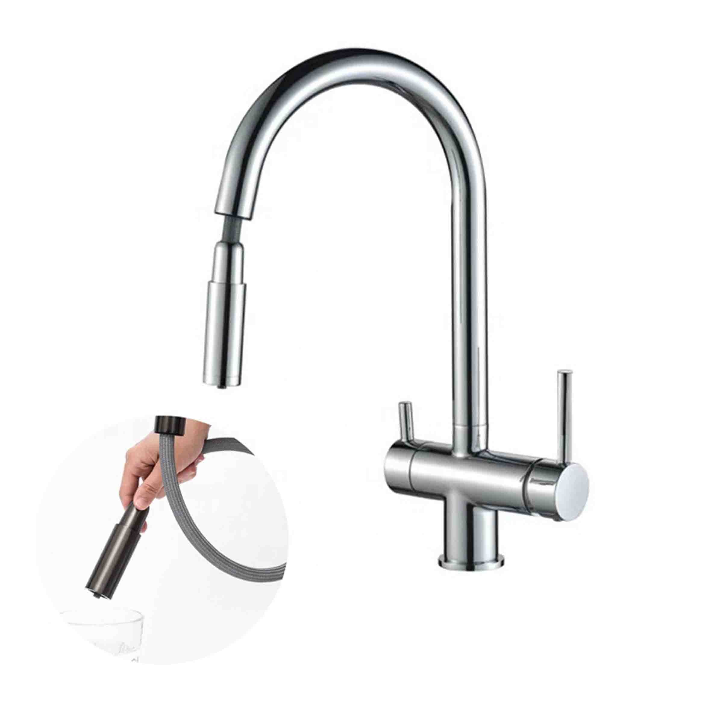 Aquarius Water 3-way mixer tap with nickel finish, umbrella style, 360° rotation, and pull-out spout for versatile kitchen use.