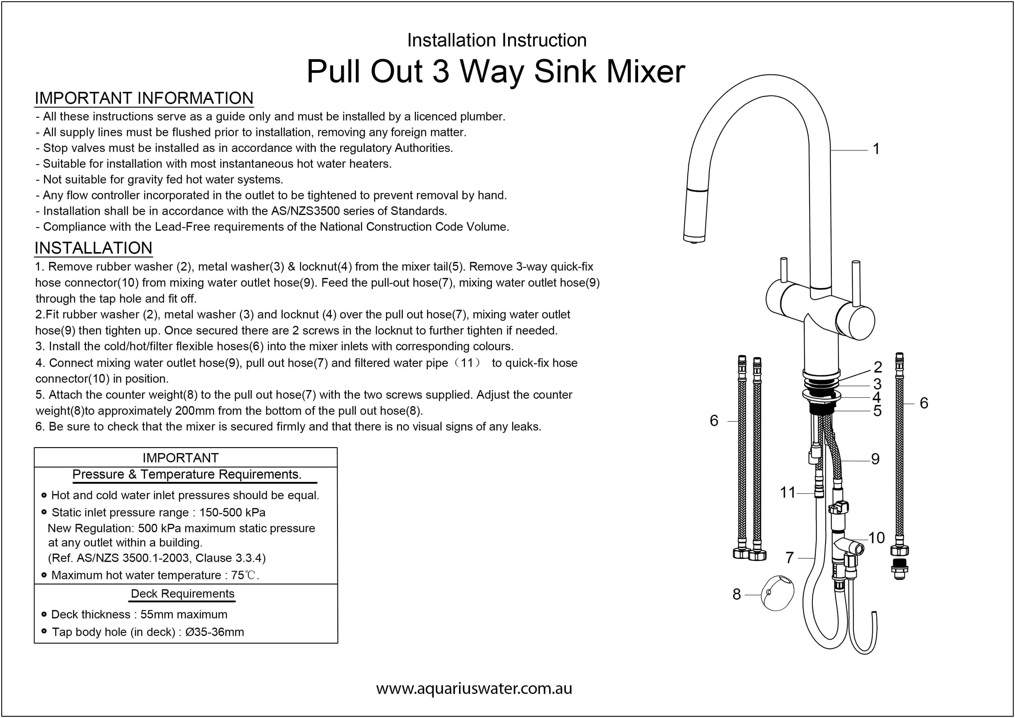 Nickel 3-way mixer tap with umbrella style design, 360° rotation, and pull-out spout by Aquarius Water.