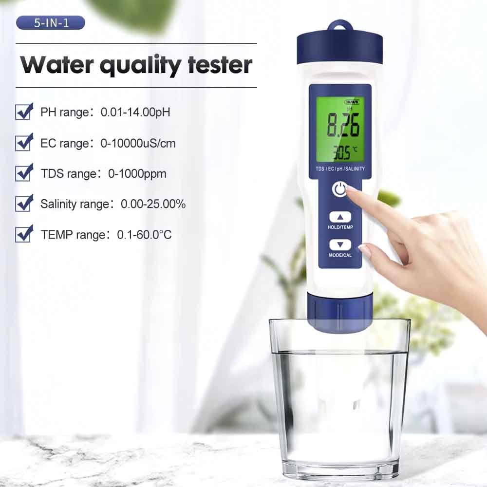 Aquarius Water 5 in 1 Digital Meter TDS EC Salinity TEMP PH Water Tester - Alkaline World