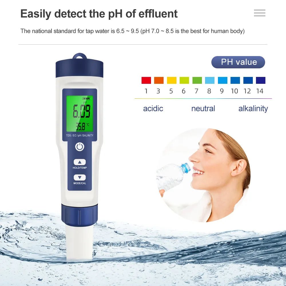 Aquarius Water 5 in 1 Digital Meter TDS EC Salinity TEMP PH Water Tester - Alkaline World