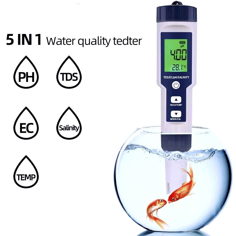 Aquarius Water 5 in 1 Digital Meter TDS EC Salinity TEMP PH Water Tester - Alkaline World