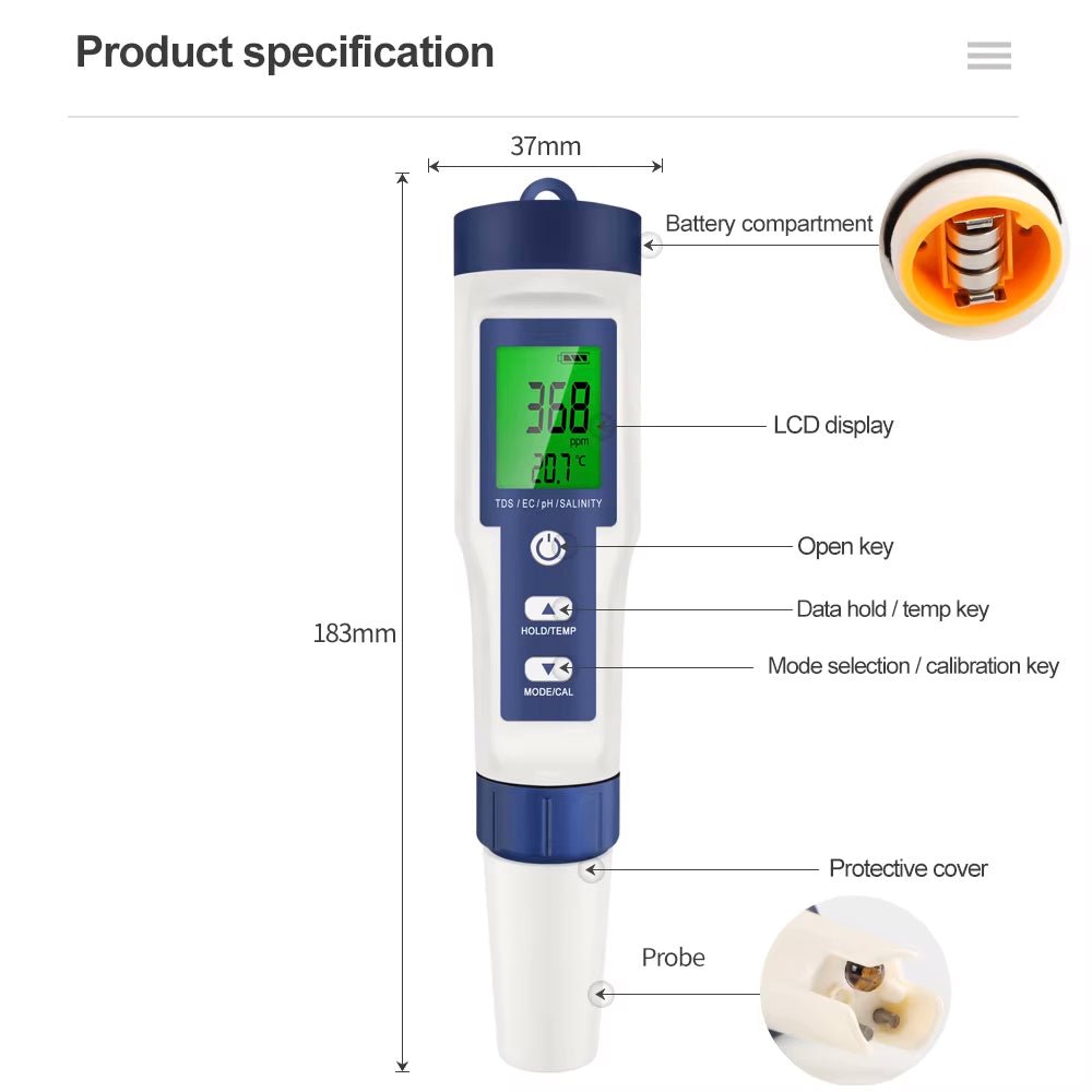 Aquarius Water 5 in 1 TDS EC PH Salinity Temperature Digital Water Quality Tester - Alkaline World