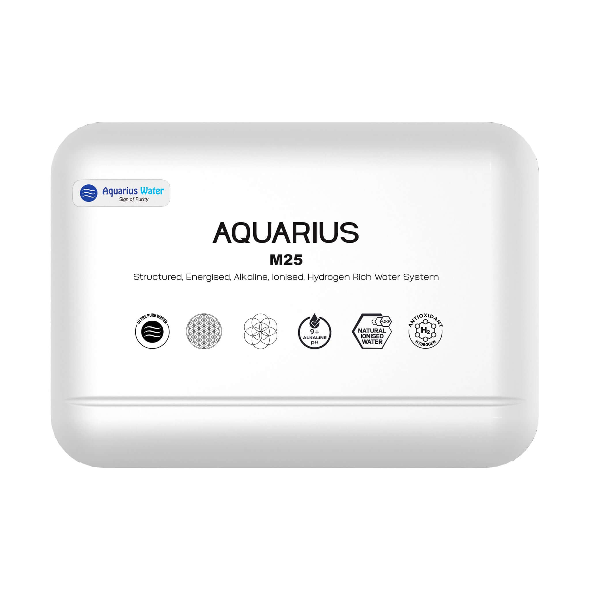 Aquarius M25 Alkaline Ionised Structured Water System product image with logos and features.