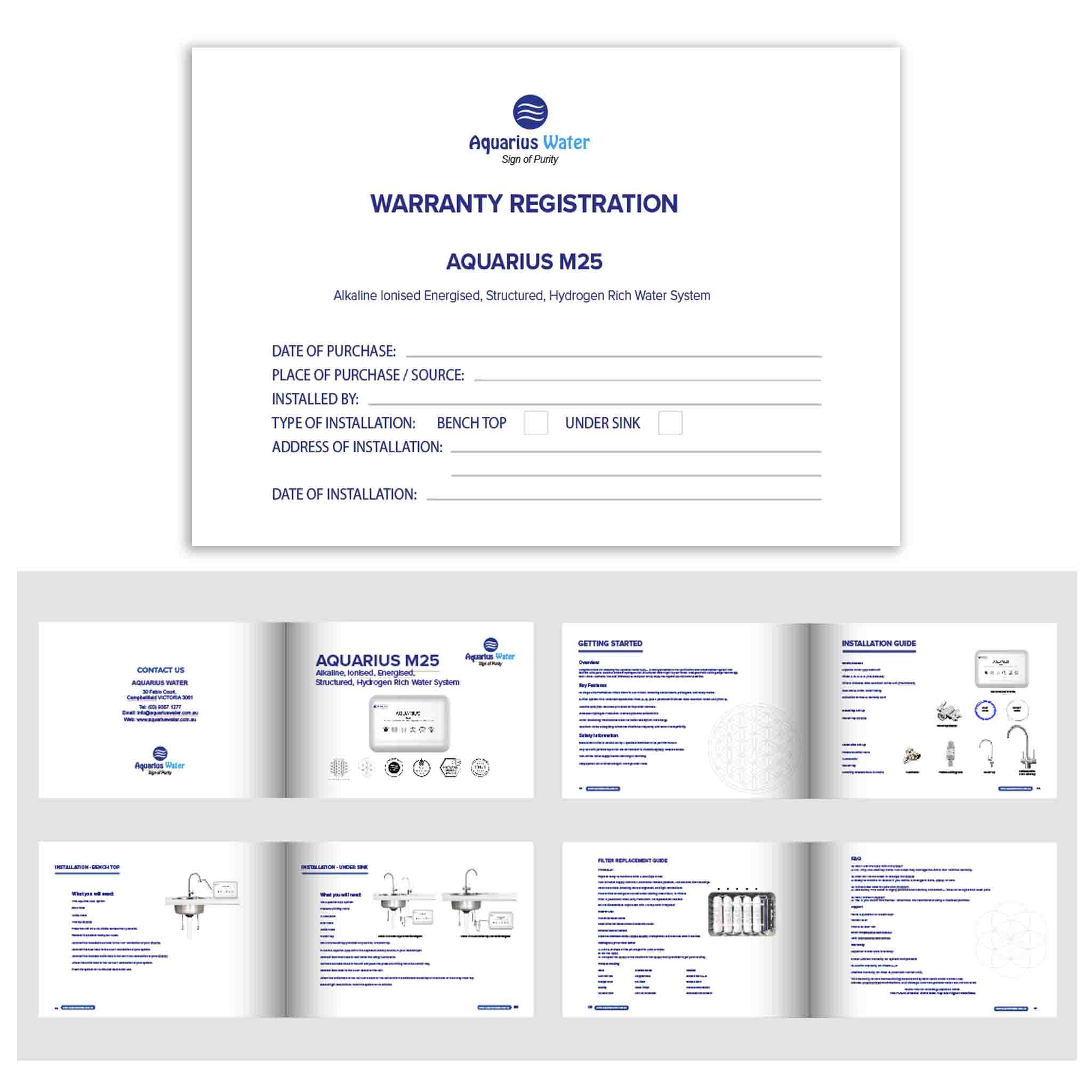 Aquarius M25 Alkaline Ionised Structured Water System warranty registration form and brochure pages.