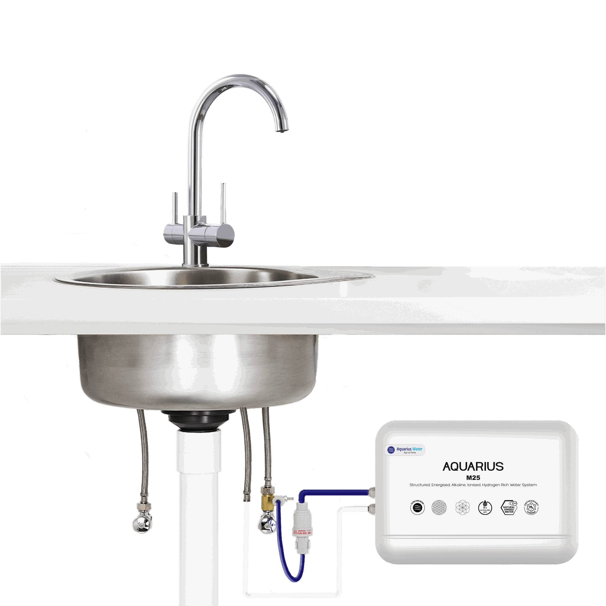 Aquarius M25 Alkaline Ionised Structured Water System installed under sink with modern tap.