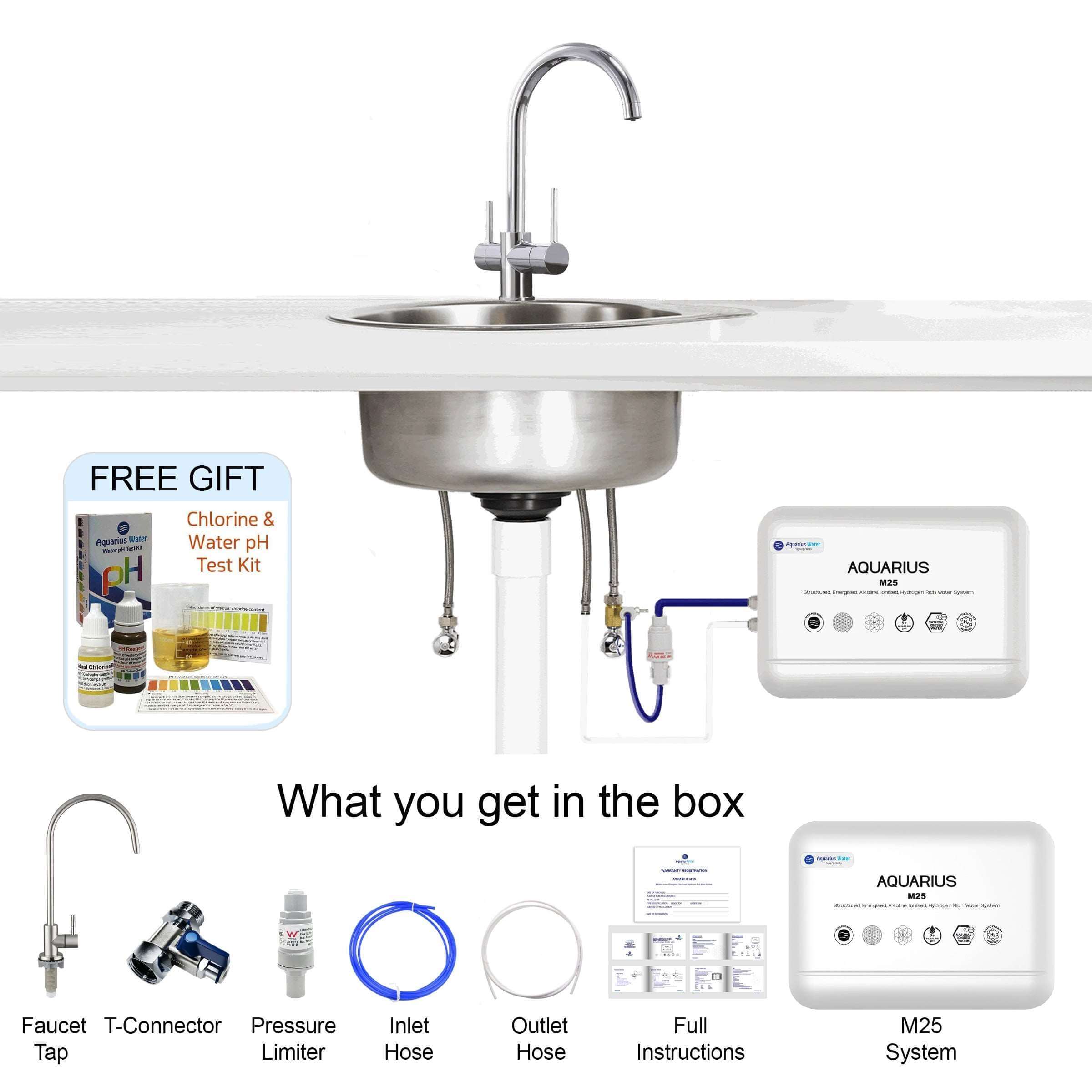 Aquarius M25 Alkaline Ionised Structured Water System with faucet tap, pressure limiter, and components included.