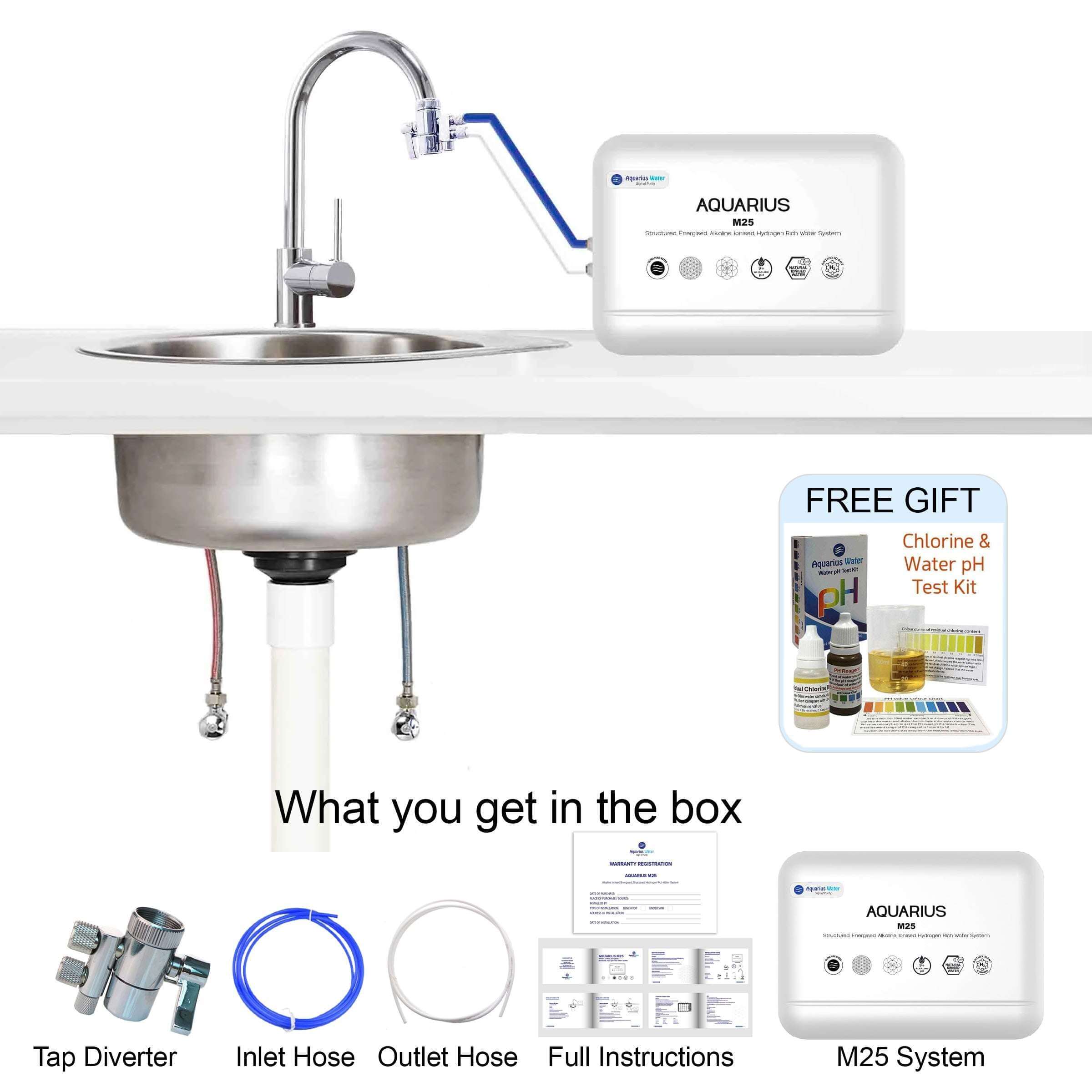 Aquarius M25 Alkaline Ionised Structured Water System installation overview with sink and components.