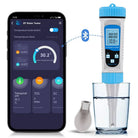 Aquarius Water AW 5-in-1 Water Tester showing the device with digital display and test probes for water quality testing.