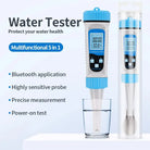 Aquarius Water AW 5 in 1 Water Tester showing digital display and testing probes for water quality analysis.