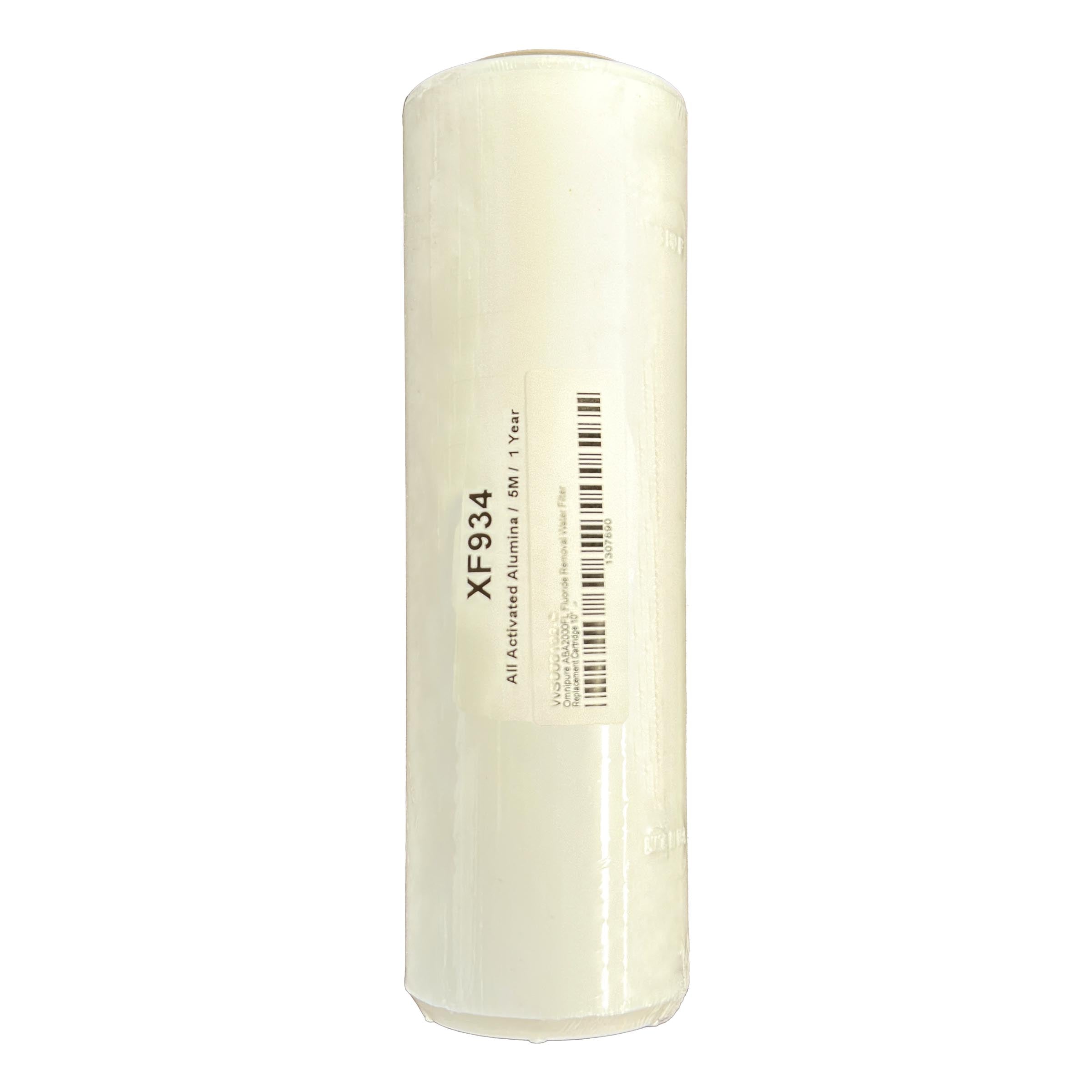 Aquarius Water Omnipure fluoride removal cartridge, 10-inch by 2.5-inch fluoride filter for water purification.
