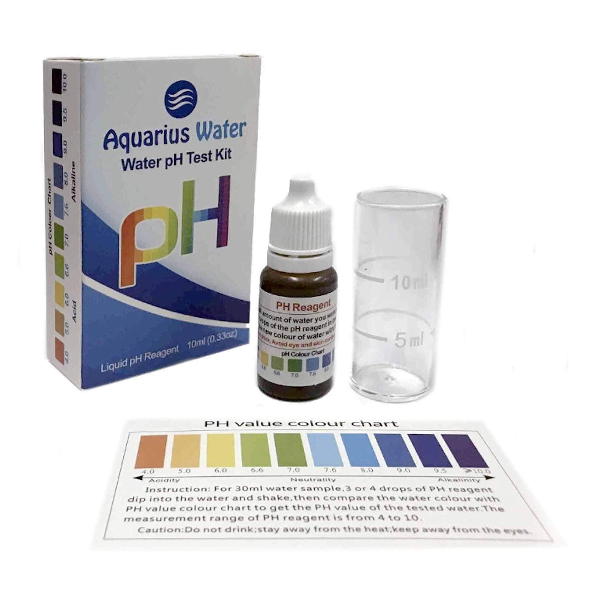 Aquarius Water pH test drops for measuring water acidity or alkalinity, displayed in a clear bottle with dropper cap.