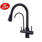 Black Aquarius Water 3-way mixer tap with dual spout and pull-out spray, ideal for kitchen or bathroom use.