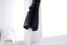 Black Aquarius Water 3-way mixer tap with dual spouts and pull-out spray, designed for versatile kitchen or bathroom use.