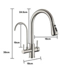 Black 3-way mixer tap with dual spouts and pull-out spray by Aquarius Water, ideal for kitchen sinks.