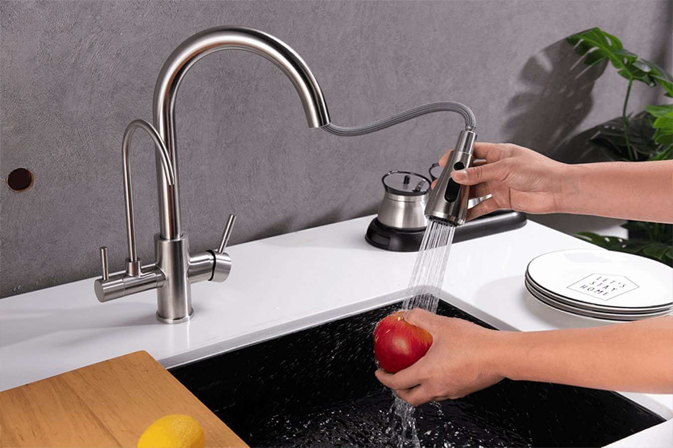 3 Way Mixer Tap with Dual Spout & Pull Out Spray Nickel - Alkaline World