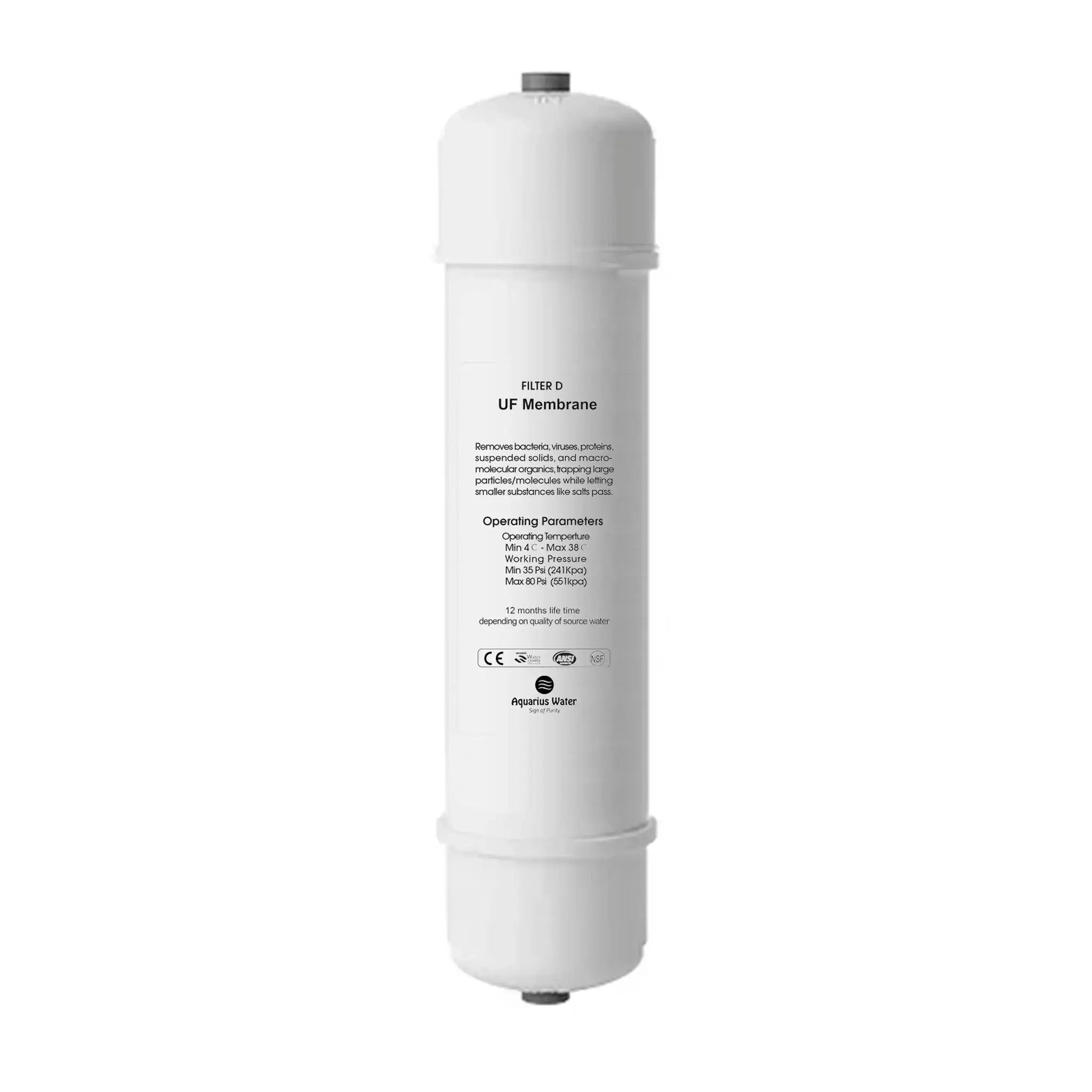 Aquarius Water Filter D for Aquarius System, replacement water filter showing filtration media and filter housing.