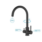 Aquarius Water 3-way mixer tap in matte black with umbrella style design and 360-degree rotation for versatile kitchen use.