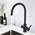 Aquarius Water 3-way mixer tap in matte black with umbrella style design and 360-degree rotation for versatile water control.