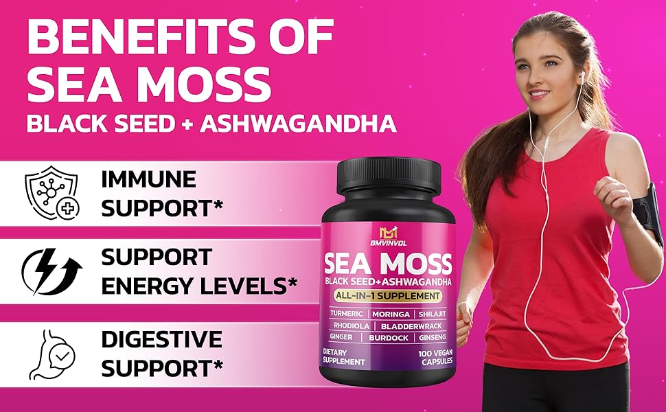 Sea Moss 6000mg Black Seed 4000mg Shilajit 2000mg Ashwagandha 2000mg - 100 Capsules - Alkaline World
