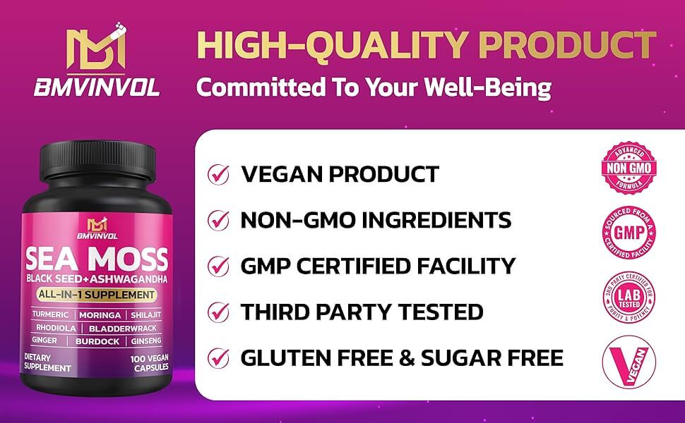 Sea Moss 6000mg Black Seed 4000mg Shilajit 2000mg Ashwagandha 2000mg - 100 Capsules - Alkaline World