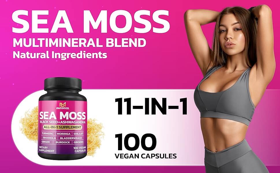 Sea Moss 6000mg Black Seed 4000mg Shilajit 2000mg Ashwagandha 2000mg - 100 Capsules - Alkaline World