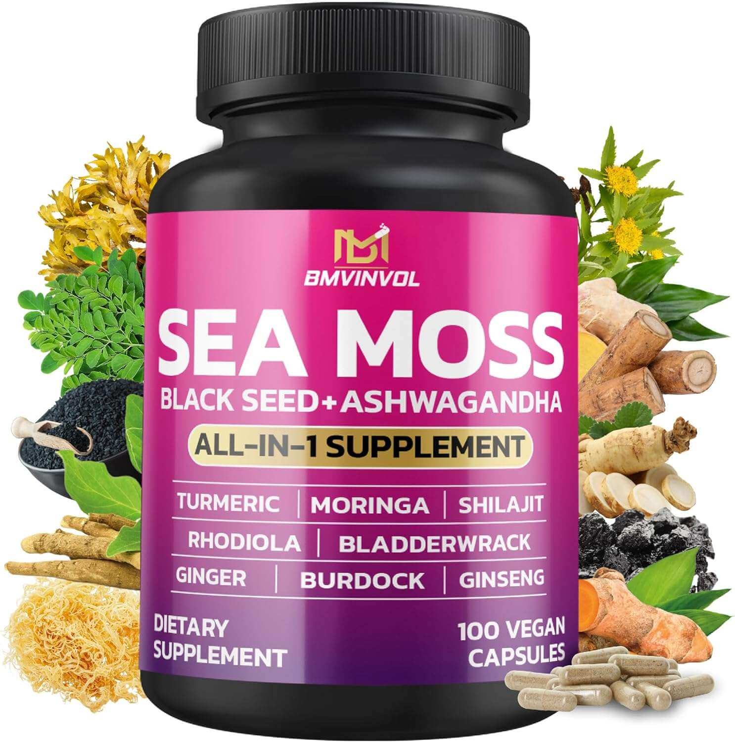 Sea Moss 6000mg Black Seed 4000mg Shilajit 2000mg Ashwagandha 2000mg - 100 Capsules - Alkaline World