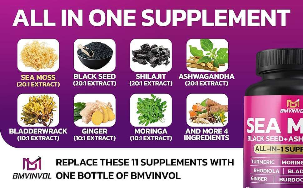 Sea Moss 6000mg Black Seed 4000mg Shilajit 2000mg Ashwagandha 2000mg - 100 Capsules - Alkaline World