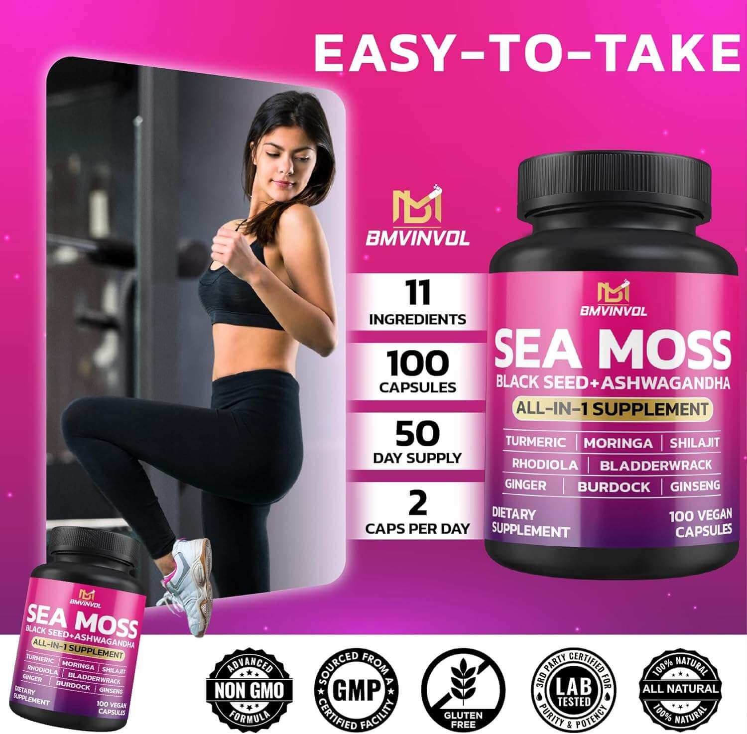 Sea Moss 6000mg Black Seed 4000mg Shilajit 2000mg Ashwagandha 2000mg - 100 Capsules - Alkaline World