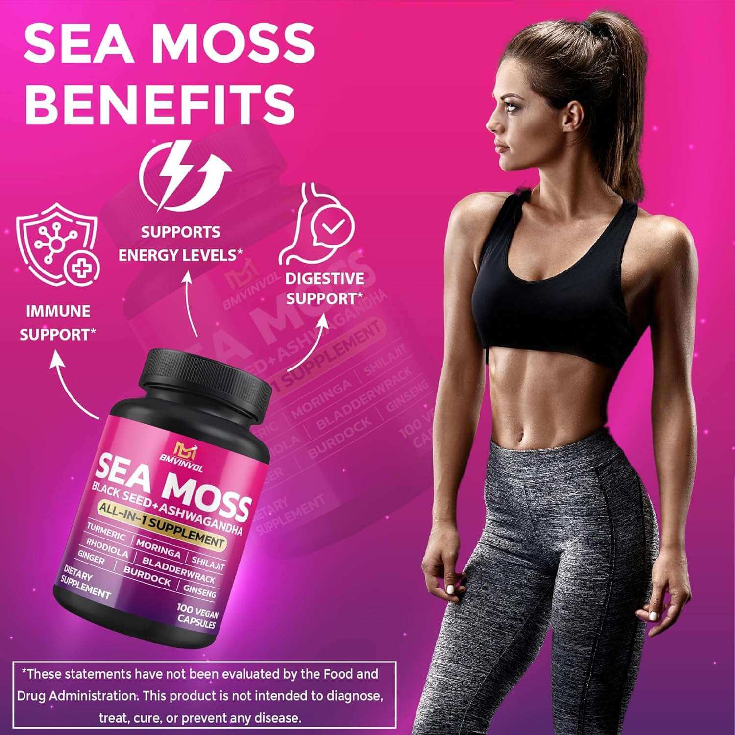 Sea Moss 6000mg Black Seed 4000mg Shilajit 2000mg Ashwagandha 2000mg - 100 Capsules - Alkaline World