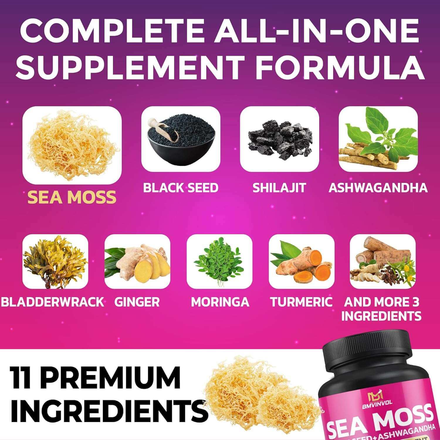 Sea Moss 6000mg Black Seed 4000mg Shilajit 2000mg Ashwagandha 2000mg - 100 Capsules - Alkaline World