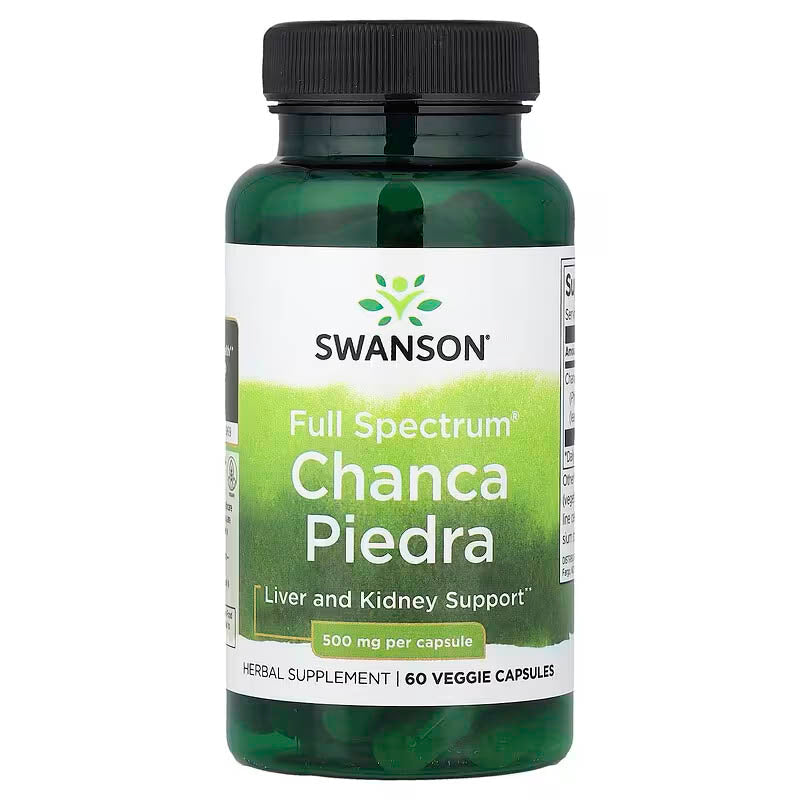 Swanson Full Spectrum Chanca Piedra 500 mg veggie capsules, showing the supplement bottle and capsules inside.