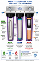 Aquarius Water fluoride removal whole-house triple filtering system with 20x4.5-inch filters, showing cut-through view of the filtration components.