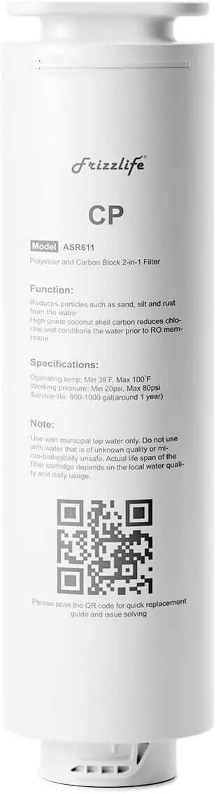 Frizzlife ASR611 replacement filter cartridge for PD1200 first stage water filter system, shown in clear view.