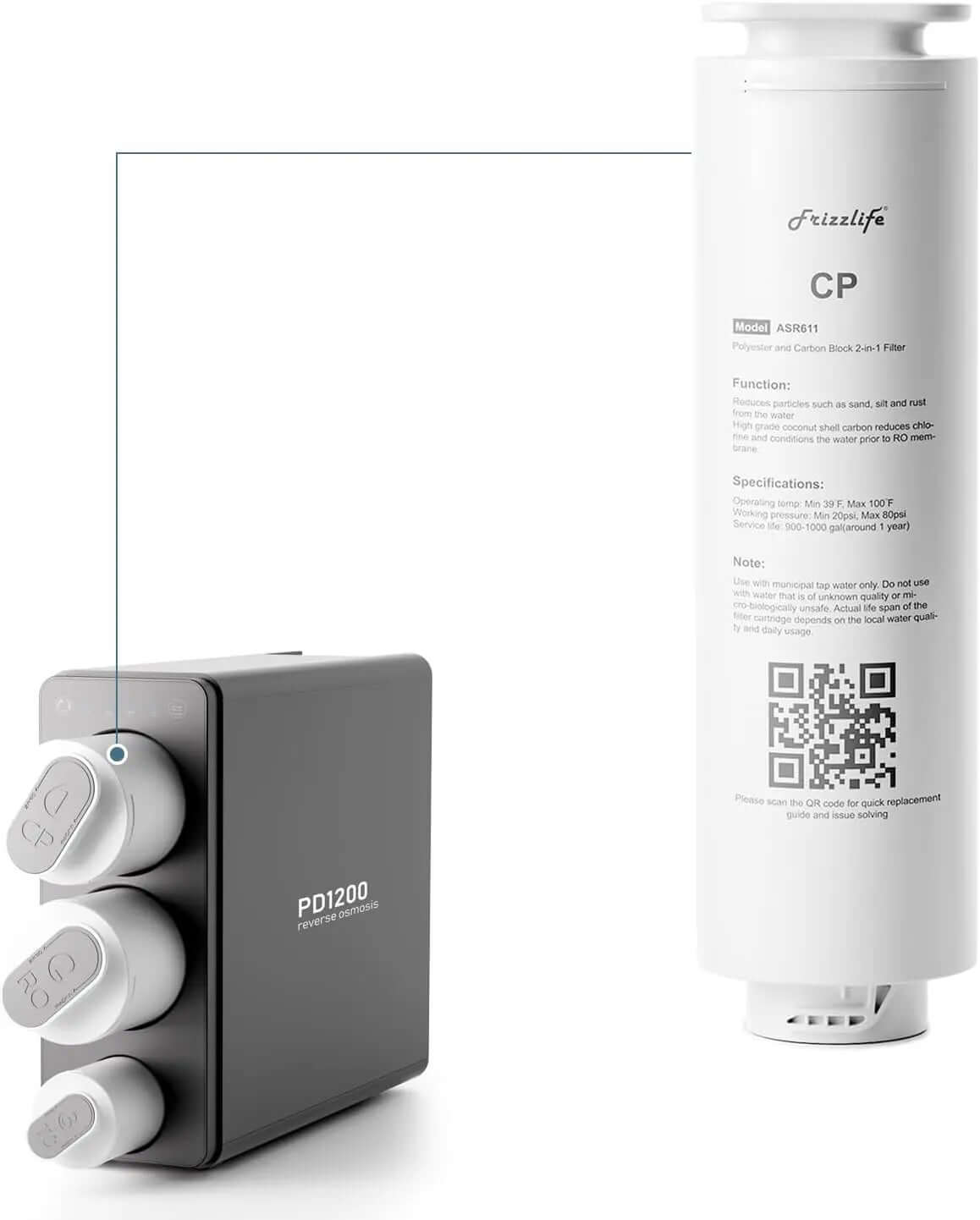 Frizzlife ASR611 first stage replacement filter cartridge for PD1200 water purifier system, cylindrical filter with blue accents.