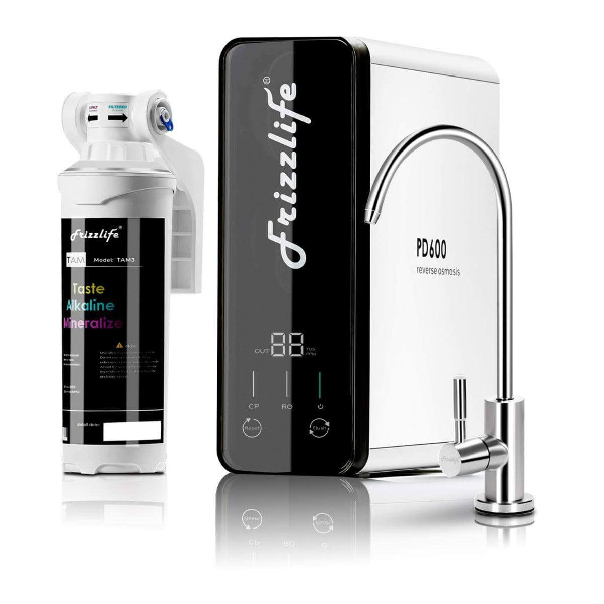 FrizzLife PD600 under sink reverse osmosis alkaline water filtration system for clean, fresh drinking water.