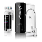 Frizzlife PD600 reverse osmosis alkaline water filtration system installed under the sink, with filter components visible.
