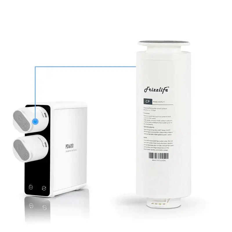Frizzlife ASR211 replacement filter cartridge for PD600 water filter, 1st stage, showing the cartridge with filter media inside.
