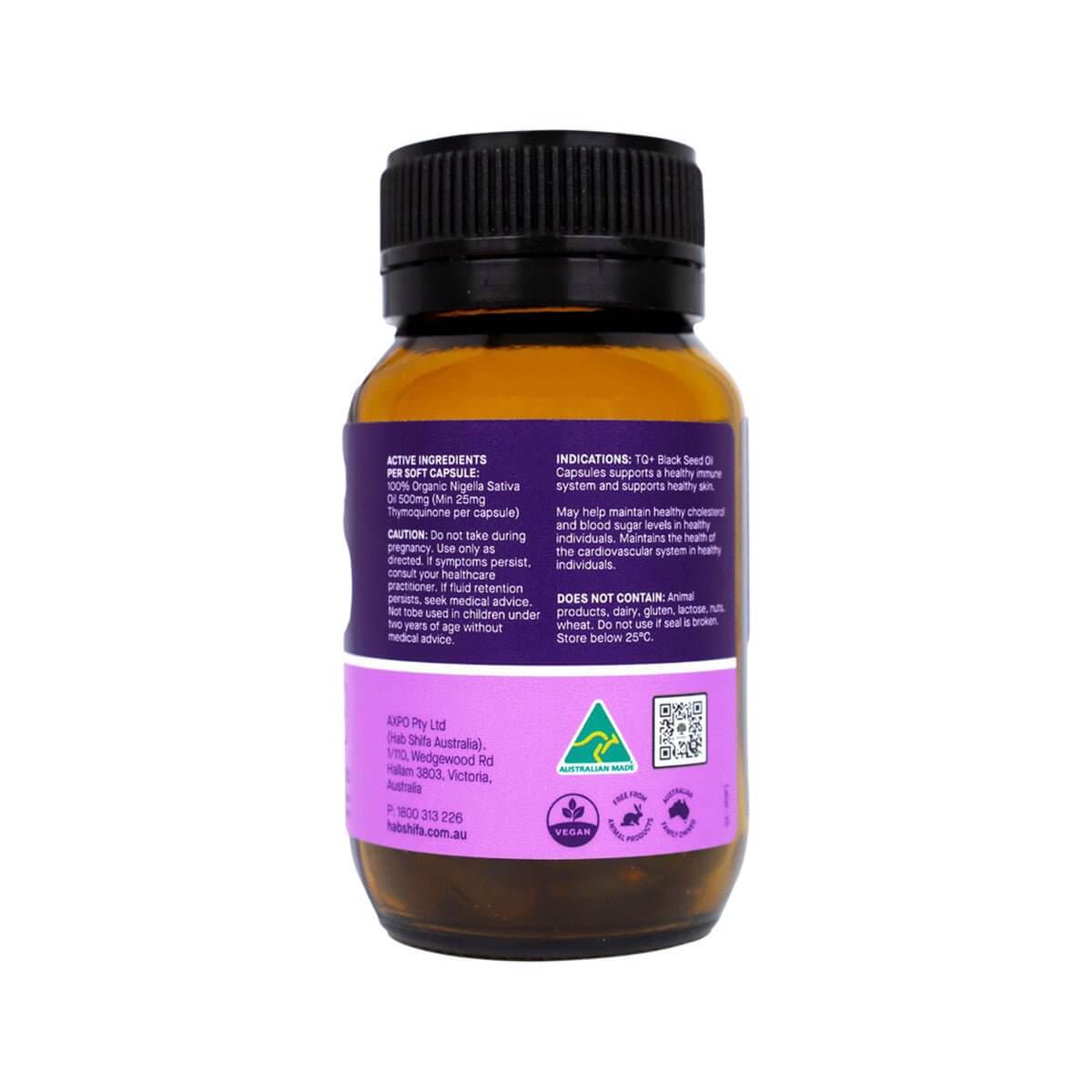 Bottle of Hab Shifa TQ+ Ultra Strength Black Seed Oil in a dark glass bottle with a label, highlighting cold-pressed black seed oil supplement.