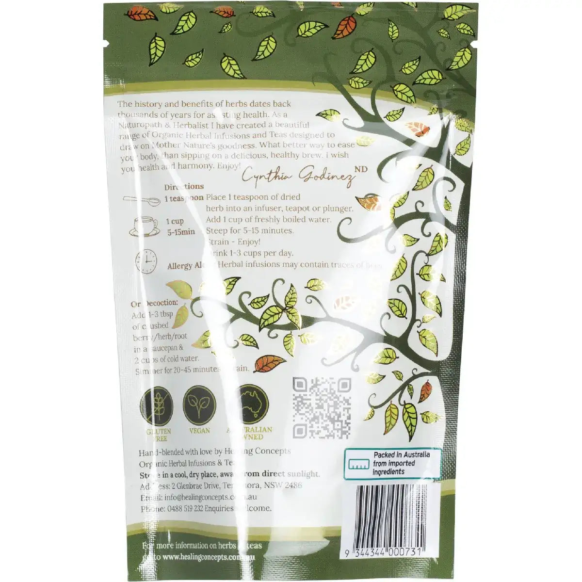 Back packaging of Healing Concepts Organic Hawthorn Berries, featuring brewing instructions and herb benefits.