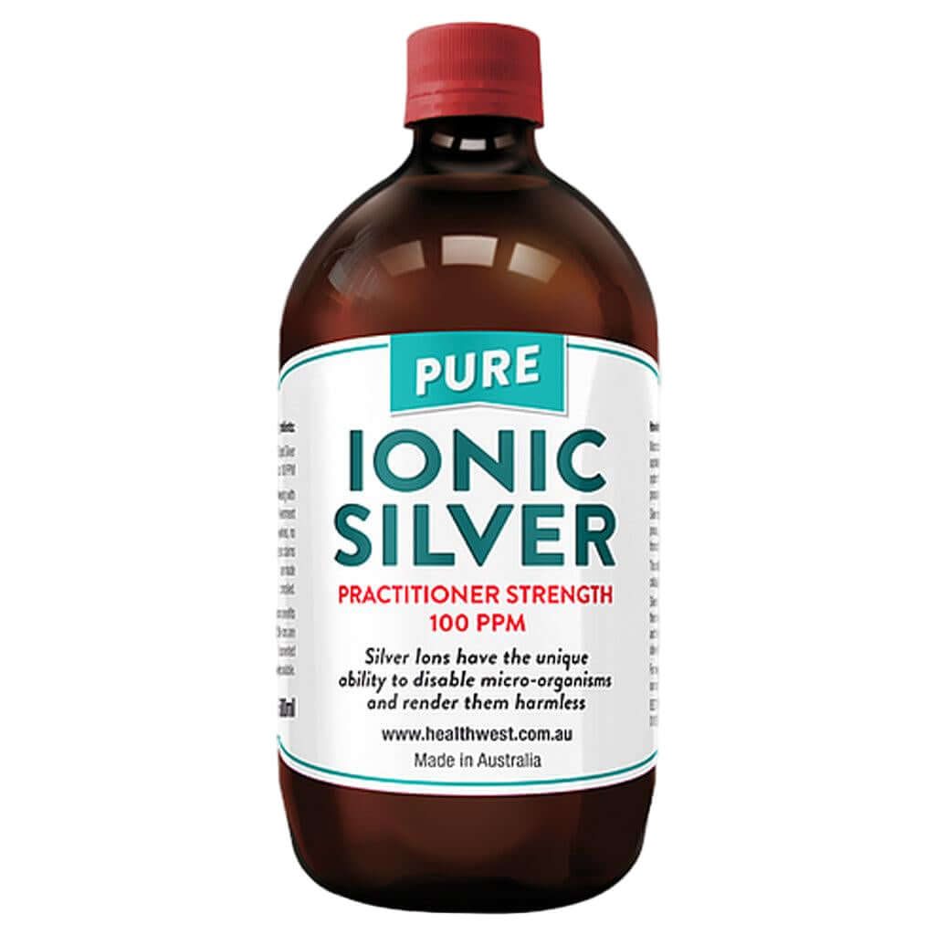 HealthWest Ionic Silver Practitioner Strength 100ppm bottle showing clear liquid and label with product details.