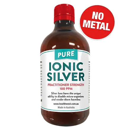 HealthWest Ionic Silver Practitioner Strength 100ppm bottle showing the silver solution in a clear glass container.